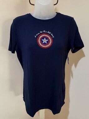 NEW DISNEY MARVEL CAPTAIN AMERICA “I CAN DO THIS ALL DAY” RHINESTONE TOP SIZE XS
